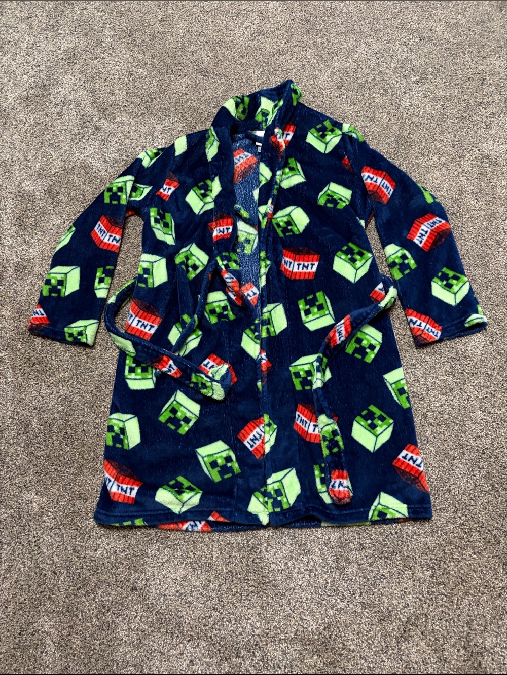 Boys Minecraft Navy Blue Fleece Robe Super Soft Size L 10/12